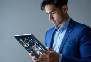 Jeune professionnel en costume bleu analysant attentivement une tablette avec divers graphiques d'affaires interconnectés sur un fond gris minimaliste.