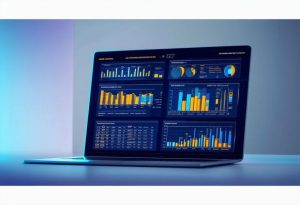 Un ordinateur portable illuminé et élégant affiche un tableur haut de gamme rempli de graphiques et de diagrammes colorés sur un fond bleu et gris minimaliste, des accents dorés mettent en valeur l'interface, éclairage d'ambiance, finition polie.