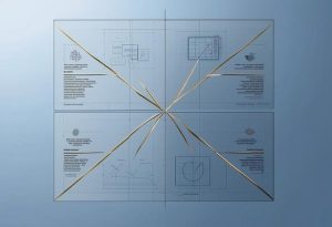Représentation moderne et élégante d'un diagramme ressemblant à un plan divisé en quatre quadrants, chacun symbolisant une étape clé du prisme identitaire de Kapferer, sur un fond propre de bleu et de gris avec une touche d'or, sous un éclairage ambiant, avec une finition polie.