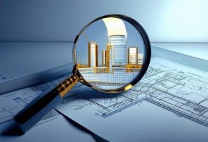 Illustration détaillée montrant une loupe survolant un plan de bâtiment mettant en évidence des fissures et des zones nécessitant une amélioration.