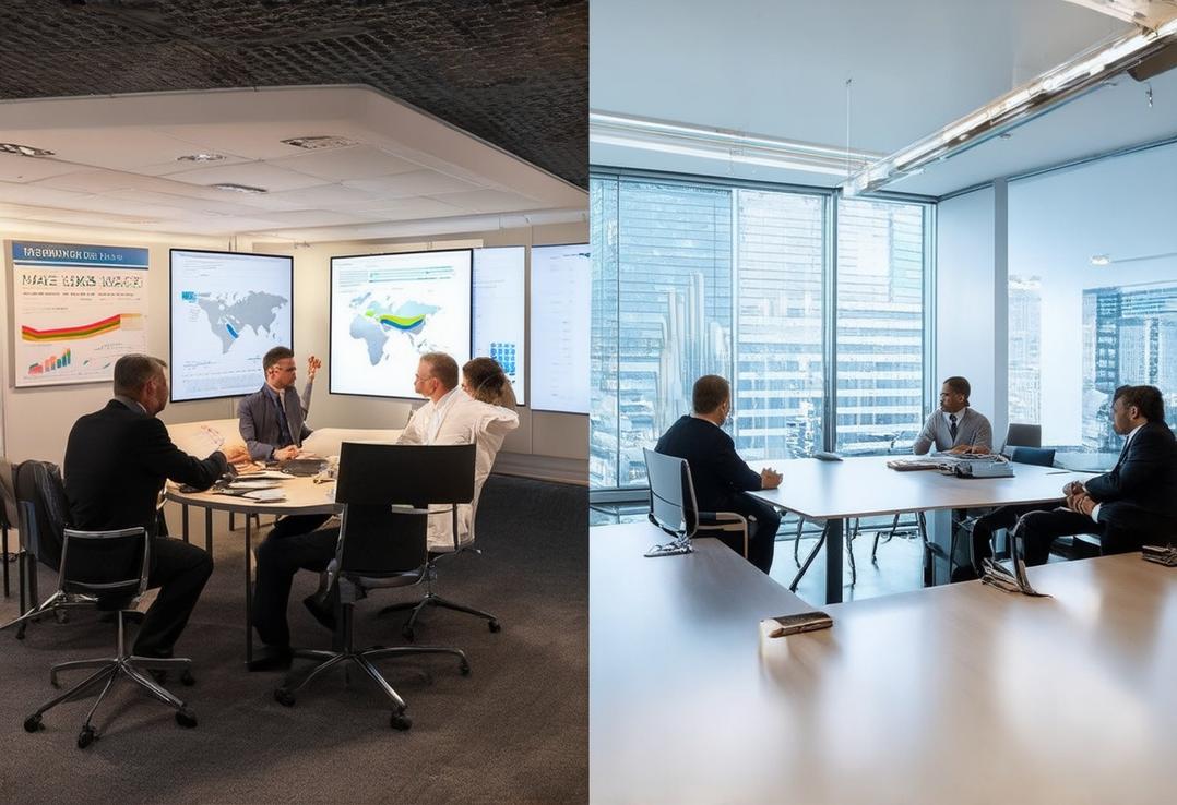 Photographie d'un bureau moderne aux deux espaces distincts: l'un avec des affiches de marketing dynamiques et des écrans numériques affichant des analyses, l'autre avec un groupe de professionnels autour d'une table de conférence avec une carte du monde et des graphiques de croissance, symbolisant les côtés créatifs et stratégiques du développement marketing et des affaires.