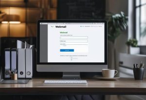 Installation de bureau moderne avec un ordinateur ouvert sur la page de connexion au webmail, entouré de dossiers organisés et d'une tasse à café, avec un éclairage ambiant et une finition lisse.