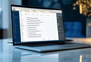 Un bureau bien rangé avec un ordinateur portable affichant le tableau de bord WordPress, une table des matières manuelle ouverte sur l'écran, des nuances de bleu et de gris avec des touches d'or, un éclairage d'ambiance, une finition polie.