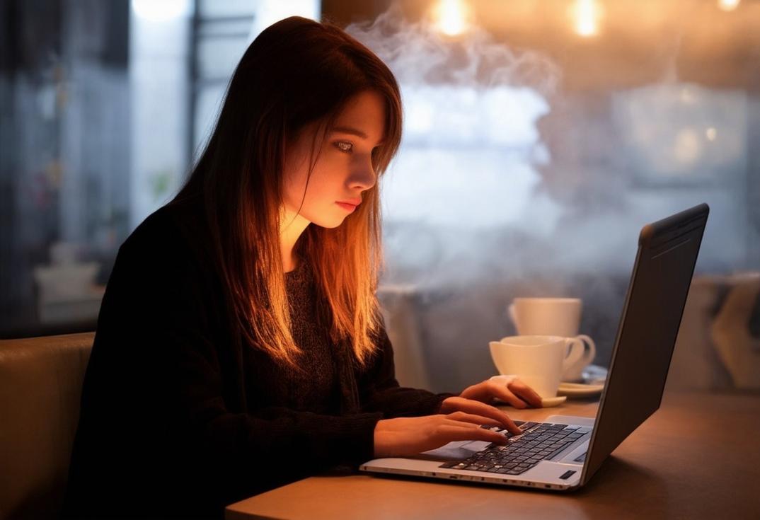 Photographie d'Isabelle plongée dans son ordinateur portable, éclairée par la lueur de son webmail, dans un coin tranquille d'un café minimaliste moderne