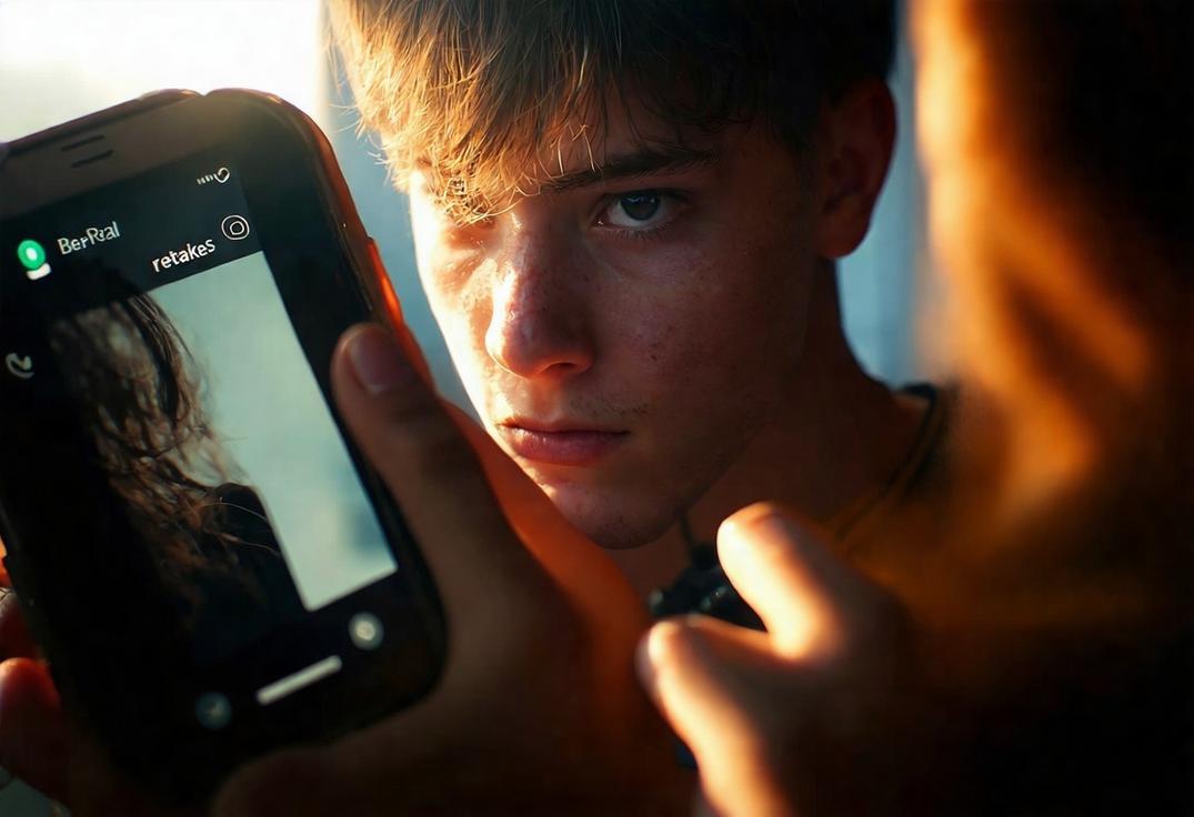 Jeune personne tenant son téléphone en nerveusement vérifiant son selfie BeReal à la lumière du soleil, marqué par des ombres douces.