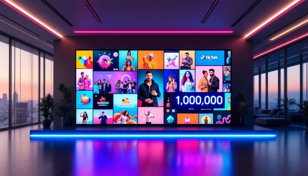 Publicités TikTok affichées dans une salle moderne au design épuré.