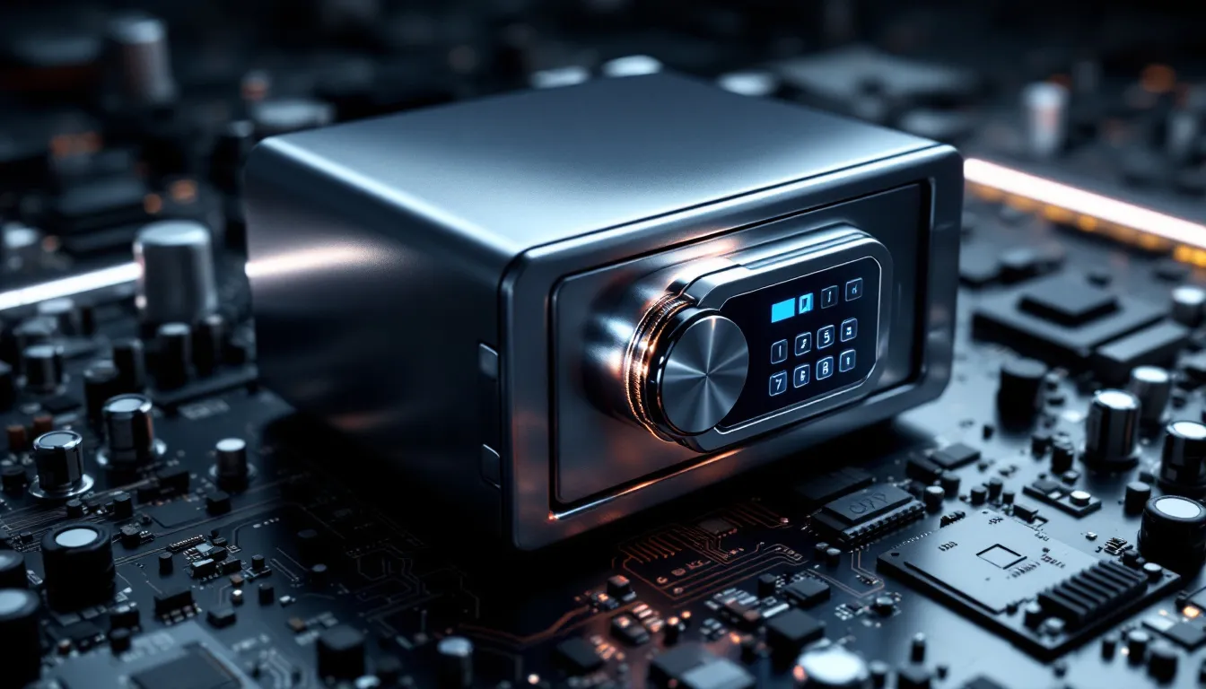 Coffre numérique placé sur une carte mère, illustrant la connexion entre le matériel informatique et la sécurité des données.