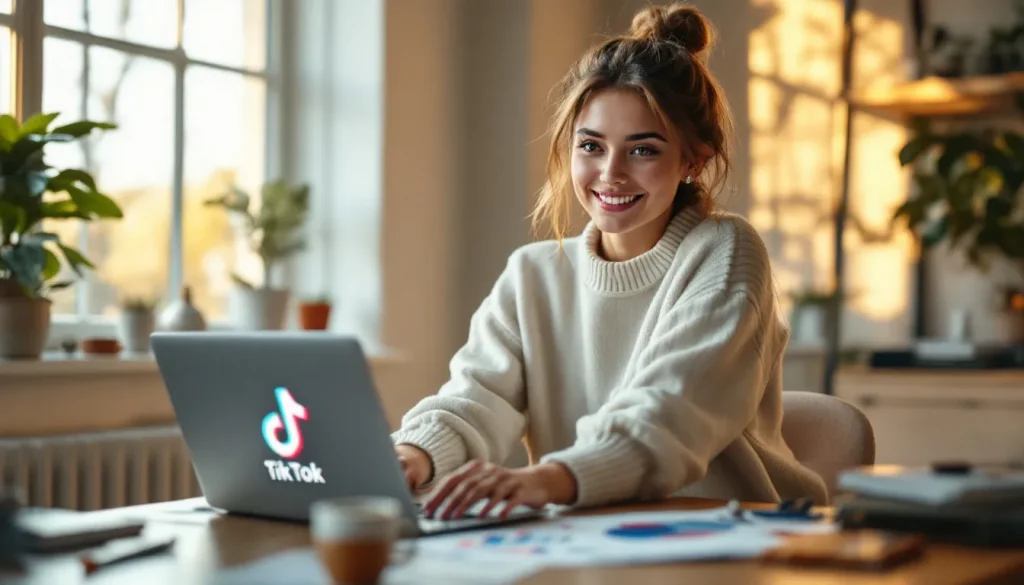 Une femme analyse des données dynamiques sur TikTok avec un écran en arrière-plan.