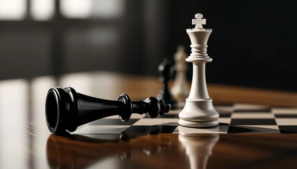 Une scène d'échecs illustrant la lutte entre échec et triomphe sur un échiquier.