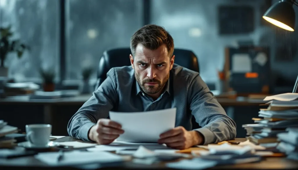 Un salarié resigné montre des signes d'épuisement au travail, avec un regard soucieux et une posture affaissée.