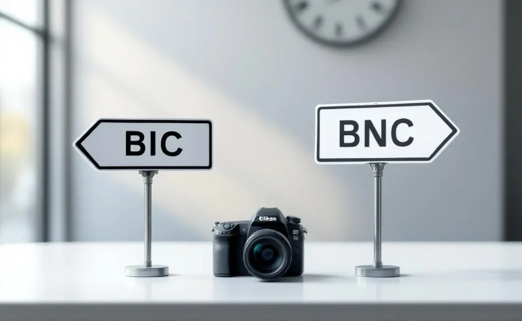 Un appareil photo est placé entre deux stylos BIC BNC.