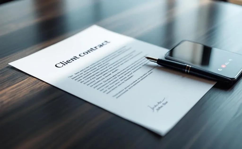 Une main tient un contrat signé tandis qu’un téléphone portable affiche un appel du client.