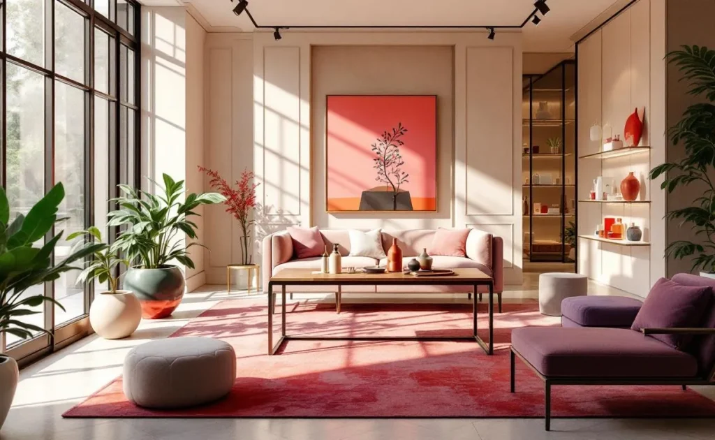 Intérieur épuré d’un concept store avec des étagères, des objets design et un éclairage tamisé.