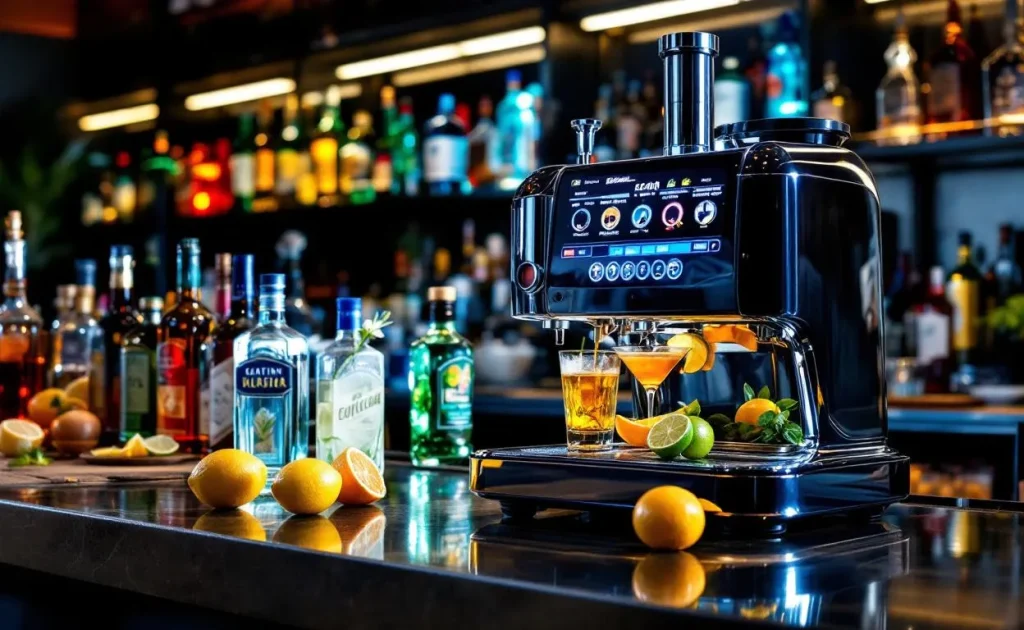 Machine à cocktails moderne illuminée avec des verres posés à côté.