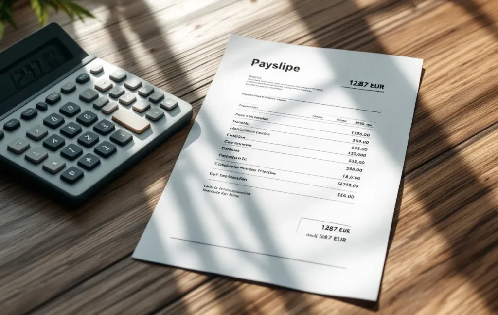 Un bulletin de salaire posé sur un bureau en bois avec la somme de 1287 euros mise en évidence et une calculette à côté, éclairés par une lumière naturelle.