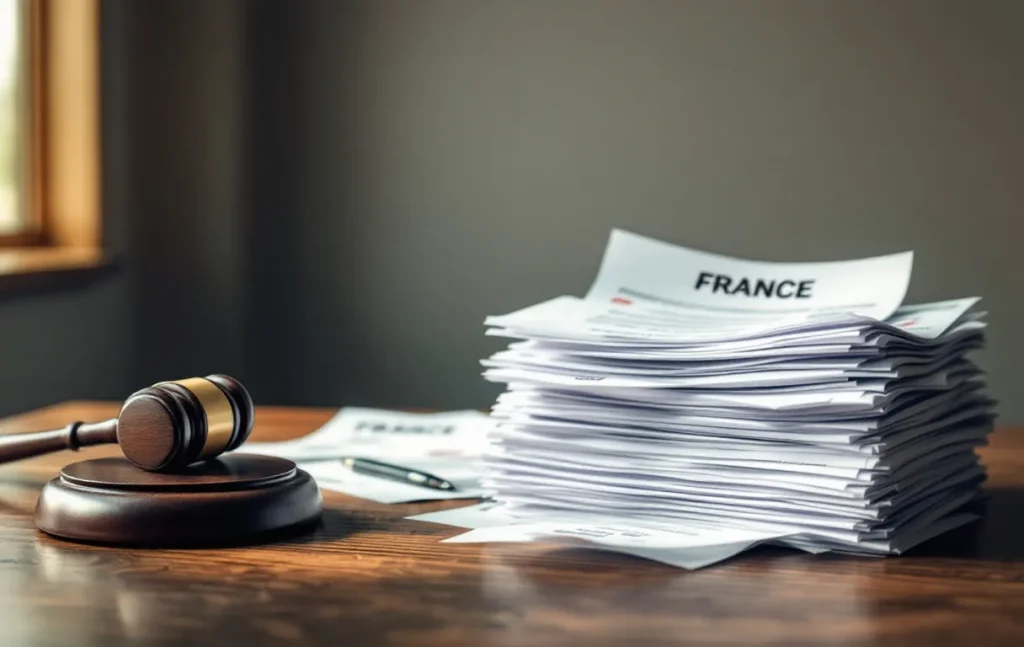 Une pile de factures impayées repose sur un bureau en bois à côté d’un maillet de juge et d’un document officiel estampillé