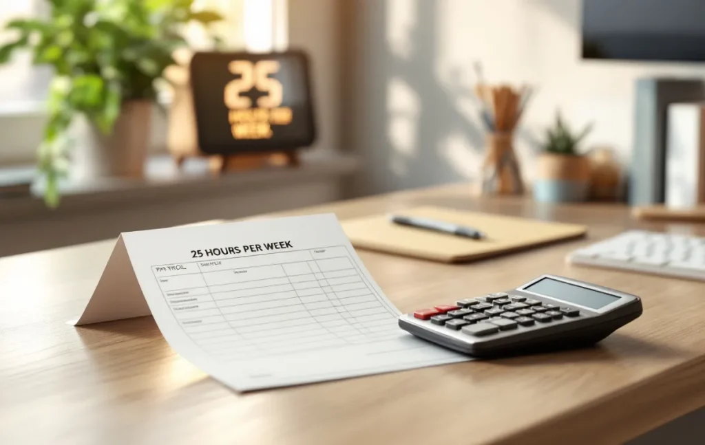 Une feuille de paie ordonnée et une calculatrice sont posées sur un bureau moderne, avec une horloge indiquant 25 heures par semaine à l’arrière-plan.