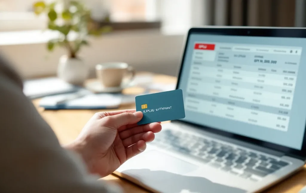 Une main tient une carte bancaire devant un ordinateur portable affichant un relevé bancaire où un retrait SPLRU apparaît en rouge parmi d’autres opérations.