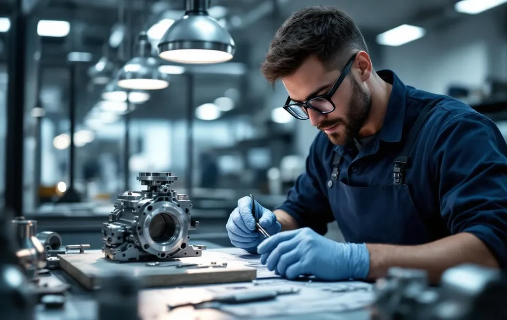 Un artisan examine une pièce métallique façonnée sur un établi, dans un atelier lumineux et moderne.
