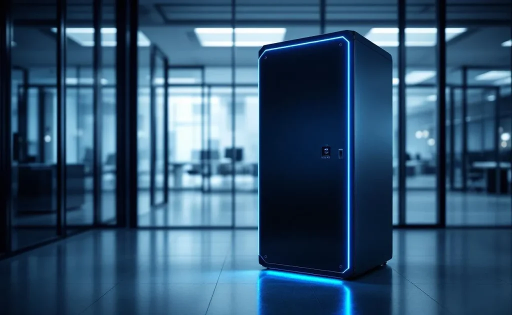 Un serveur verrouillé éclairé par des voyants bleus se trouve dans un bureau moderne faiblement éclairé.