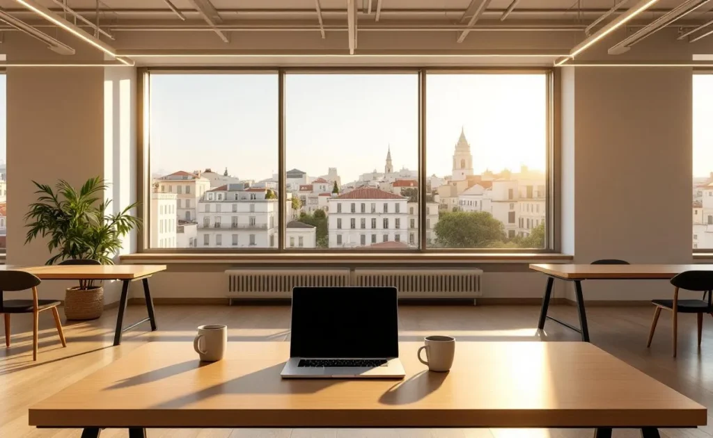 Espace de coworking moderne à Marseille avec de grandes fenêtres, vue sur les toits, lumière méditerranéenne, bureaux partagés, ordinateur portable et tasse de café.