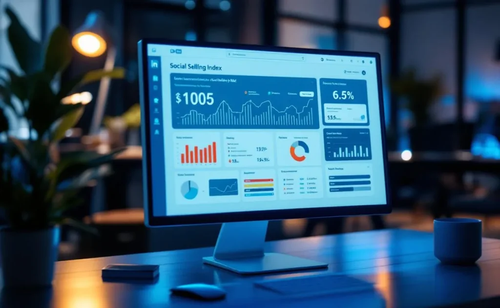 Un écran d’ordinateur affiche un tableau de bord LinkedIn avec des graphiques et l’indice de Social Selling, dans une lumière bleutée.