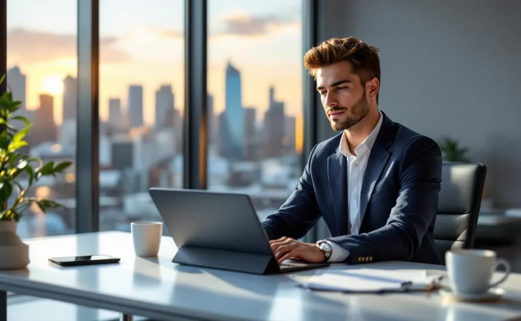 Un jeune professionnel travaille avec concentration sur un ordinateur portable et un graphique de ventes, devant une baie vitrée laissant entrer la lumière du matin sur un bureau moderne.