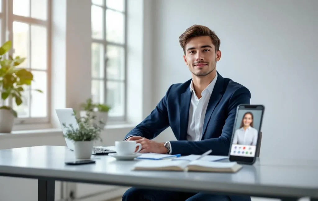 Un jeune professionnel assis à un bureau moderne participe à un appel vidéo sur un ordinateur portable, entouré de notes et d’un smartphone, avec la lumière du jour entrant par de grandes fenêtres.