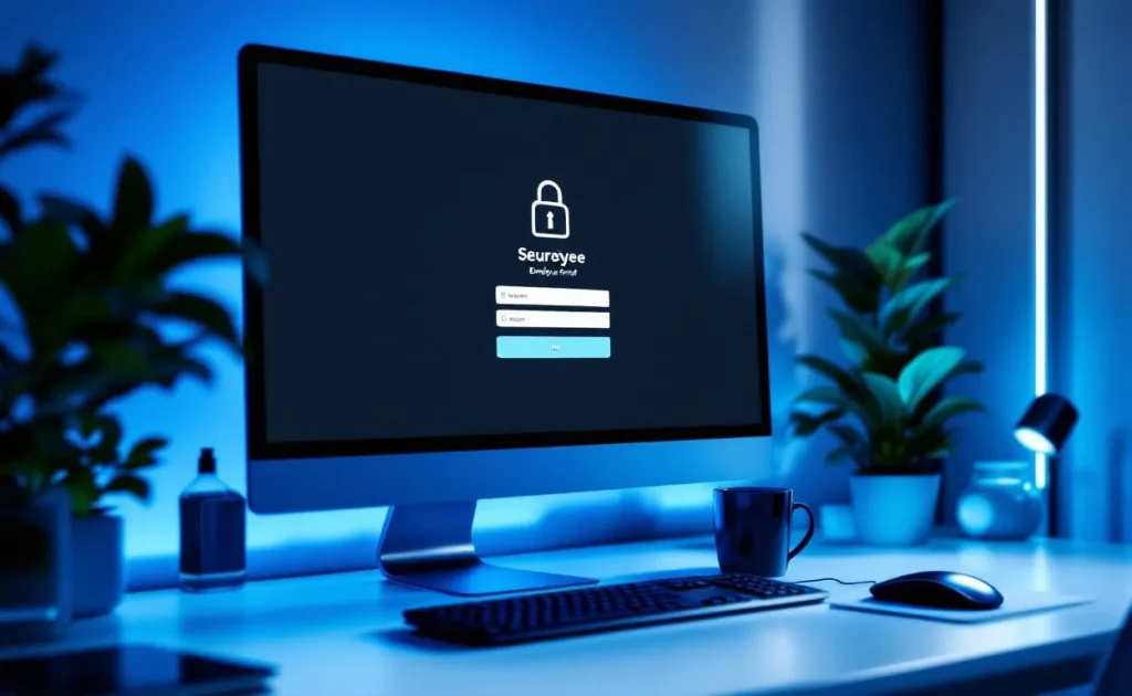 Un écran d’ordinateur moderne affiche une interface de portail sécurisé pour employés, entouré d’une lumière bleue douce et d’une atmosphère paisible.