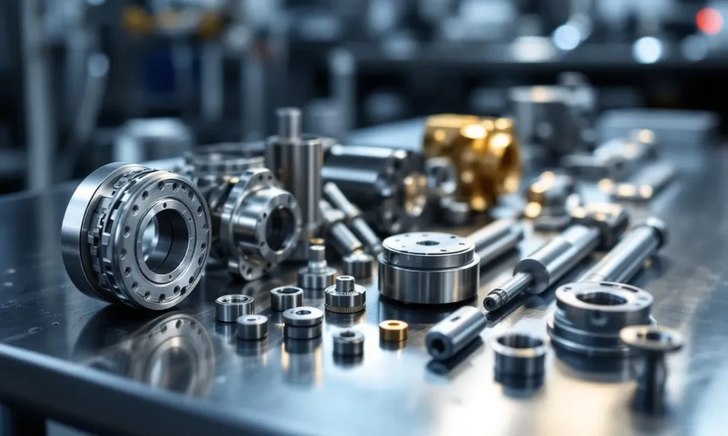 Des pièces métalliques sur mesure alignées sur un établi industriel sous un éclairage précis qui fait ressortir leur finition détaillée.