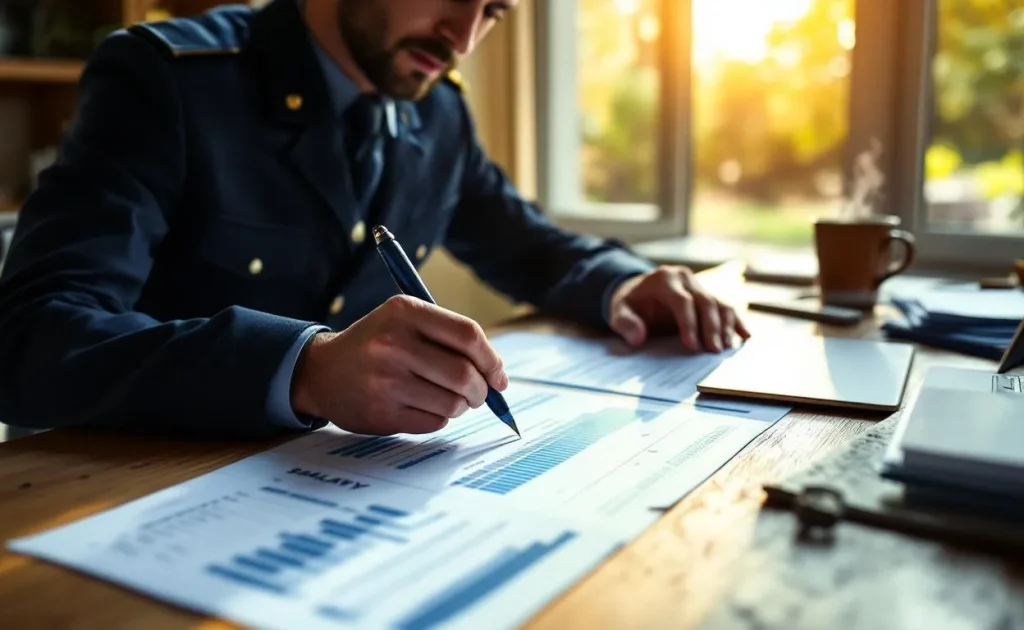 Un réserviste de l’armée française en uniforme consulte un tableau de salaires à un bureau bien rangé, éclairé par la lumière douce d’une fin d’après-midi.