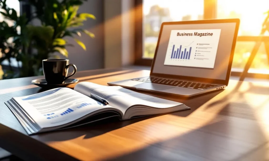 Un magazine d’affaires ouvert repose à côté d’un ordinateur portable sur un bureau moderne, éclairé par la lumière du soleil, avec une tasse à café élégante à proximité.