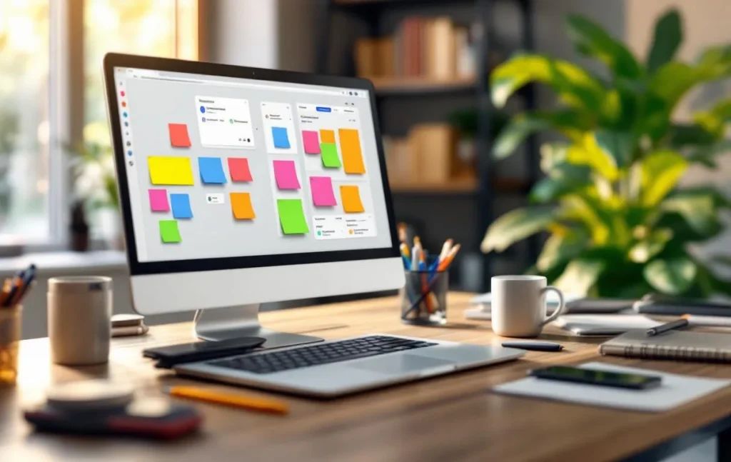 Un bureau organisé avec un écran d’ordinateur affichant plusieurs tableaux numériques colorés et pense-bêtes issus d’outils de gestion de projets, éclairé par la lumière du jour d’une fenêtre.