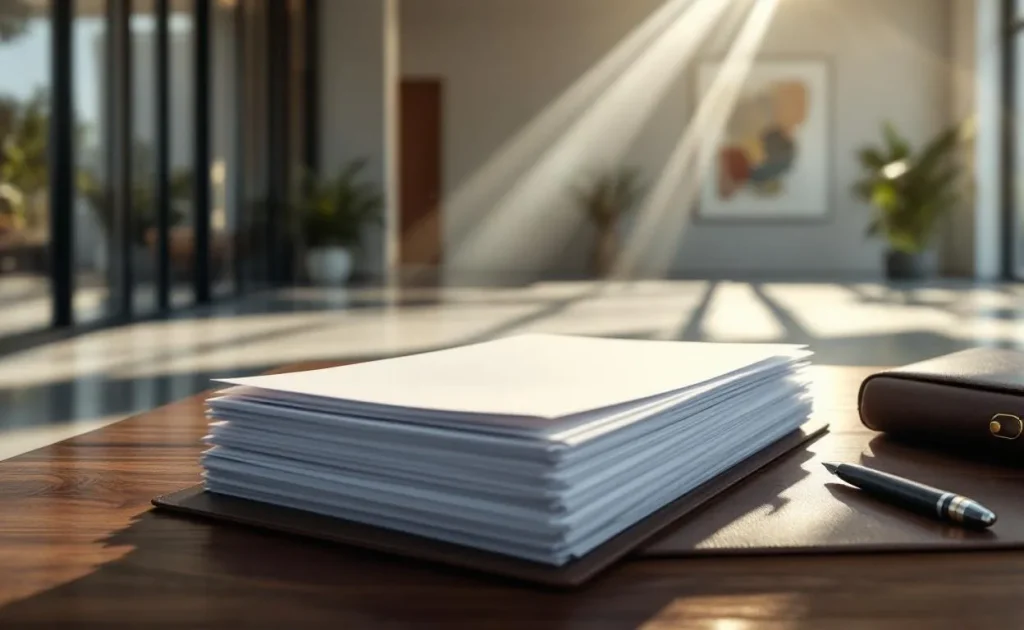 Un tas ordonné de documents officiels repose sur un bureau en bois poli dans le hall lumineux d'un immeuble moderne.