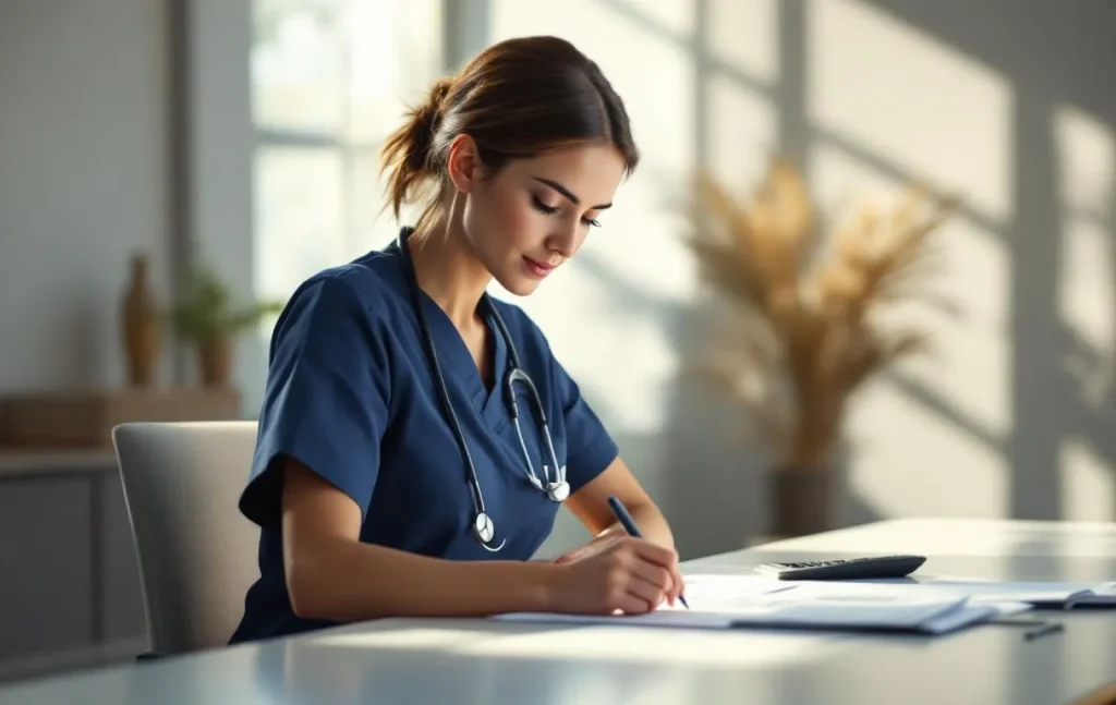 Un professionnel de santé en uniforme examine une fiche de paie à son bureau avec une calculatrice et des documents fiscaux sous une lumière douce.