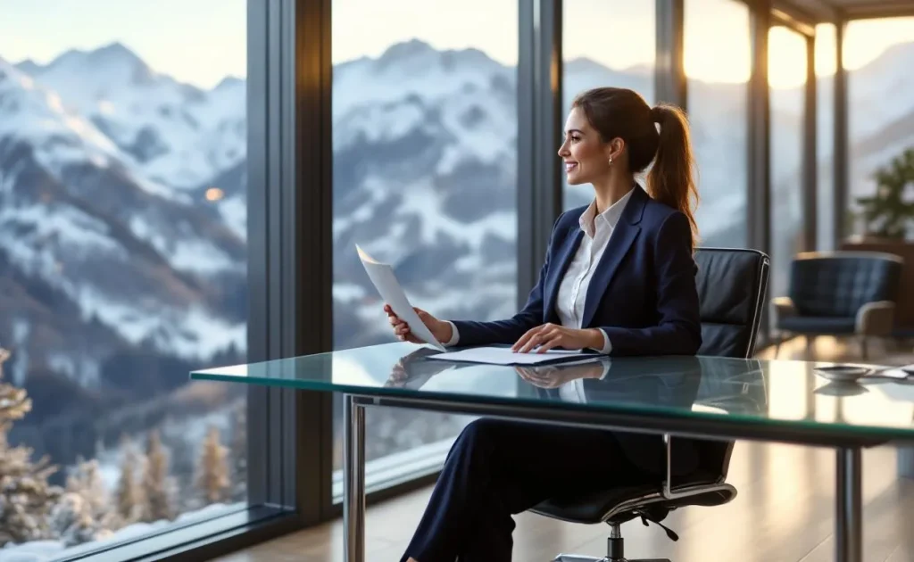 Un professionnel assis à un bureau moderne contemple les Alpes suisses à travers de grandes baies vitrées tout en tenant un contrat et en souriant.