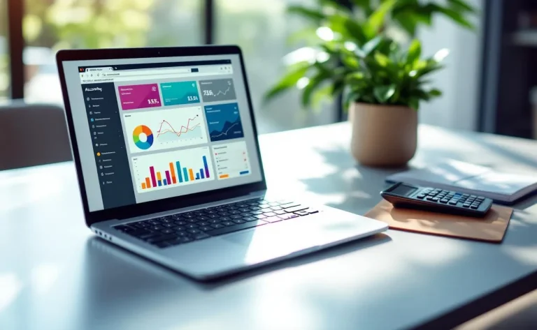 Un ordinateur portable moderne affiche des tableaux de bord colorés de logiciels comptables sur un bureau élégant, accompagné de papiers et d’une calculatrice sous une lumière douce.