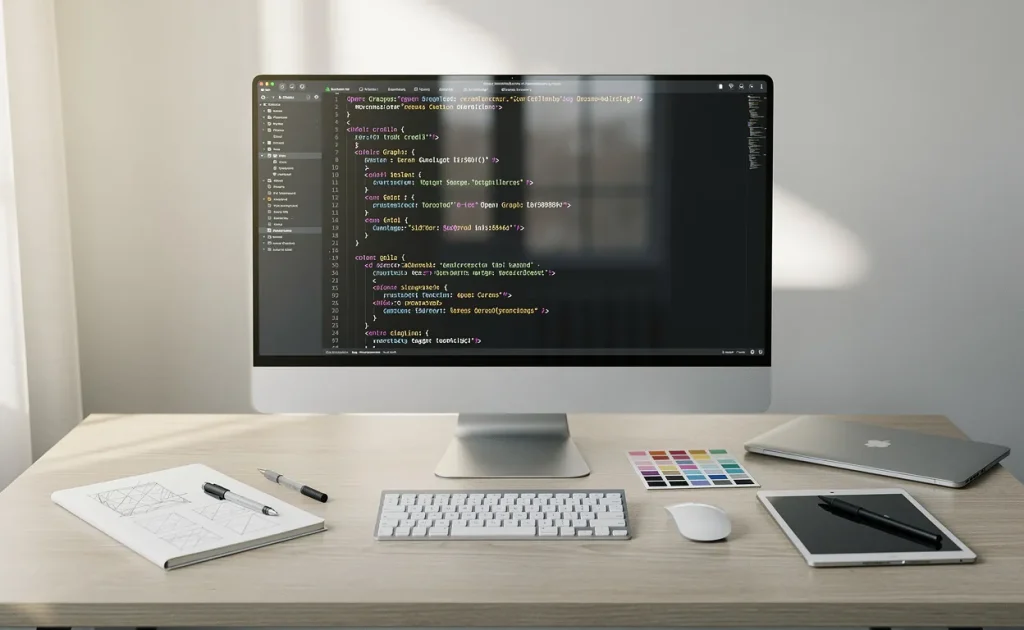 Un bureau épuré montre un écran d’ordinateur avec des balises Open Graph affichées et des outils de conception web bien rangés sous une lumière douce.