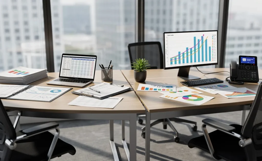 Deux bureaux professionnels côte à côte, l’un avec des documents organisés et des graphiques analytiques, l’autre avec des courbes de ventes et un téléphone, baignés de lumière naturelle.