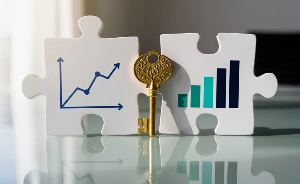 Deux grandes pièces de puzzle se chevauchent sur une table en verre, chacune affichant un icône de données, avec une clé dorée posée à leur jonction.