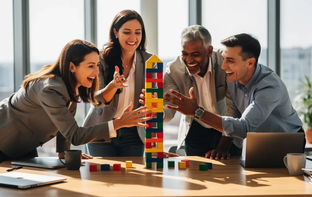 Un groupe de collègues d’origines diverses assemble des blocs colorés autour d’une table ensoleillée, dans une ambiance dynamique et joyeuse.