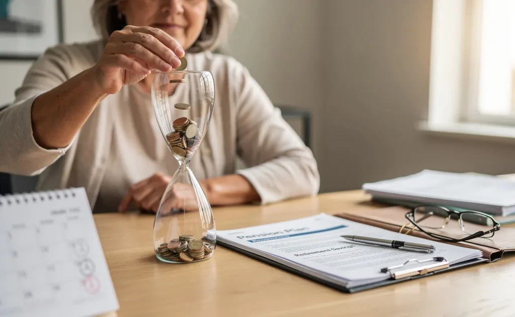 Une personne d’âge mûr insère des pièces dans un sablier transparent posé sur un bureau avec un calendrier et des documents de retraite.