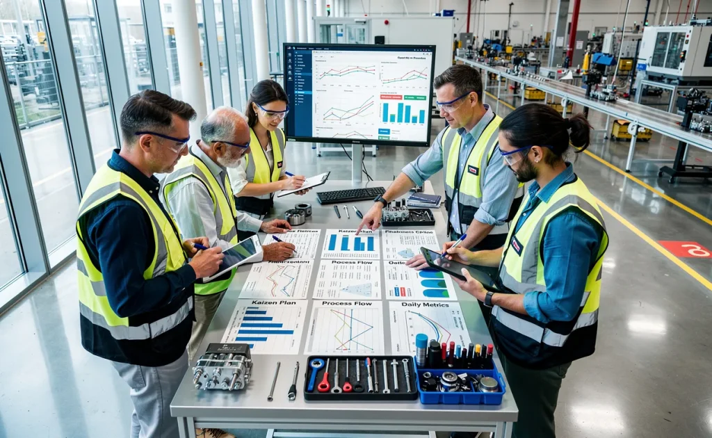 Une équipe diverse collabore autour d’un poste de travail dans une usine moderne, analysant des graphiques d’amélioration pendant un projet Kaizen en pleine lumière du jour.