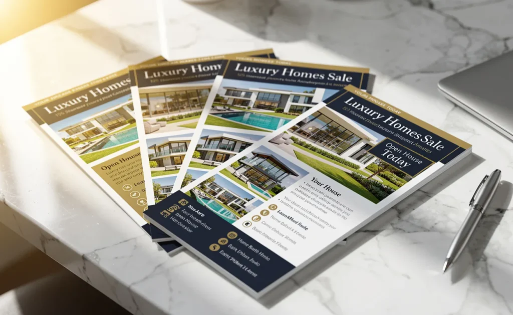 Des flyers immobiliers modernes sont étalés sur un bureau en marbre éclairé par la lumière naturelle, avec des titres marquants et des photos de propriétés.