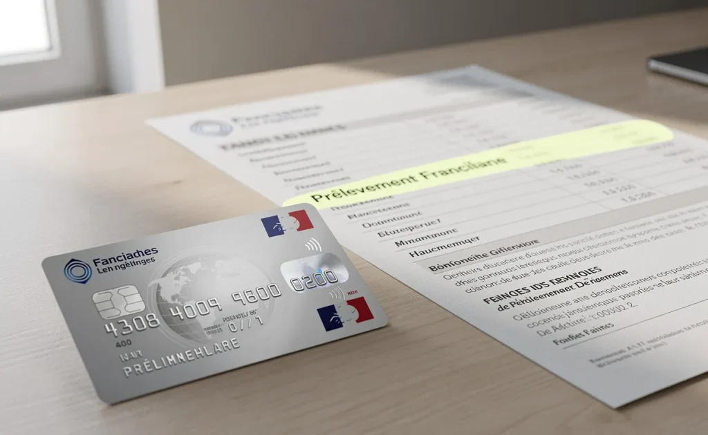 Une carte bancaire française moderne posée à côté d’un relevé bancaire imprimé mentionnant le prélèvement Franciliane sur un bureau en bois clair.