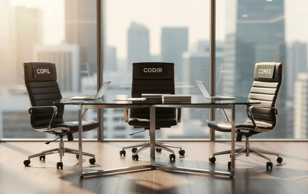Trois fauteuils de bureau modernes étiquetés COPIL, CODIR et COMEX entourent une table de conférence en verre dans une salle lumineuse avec vue sur la ville.