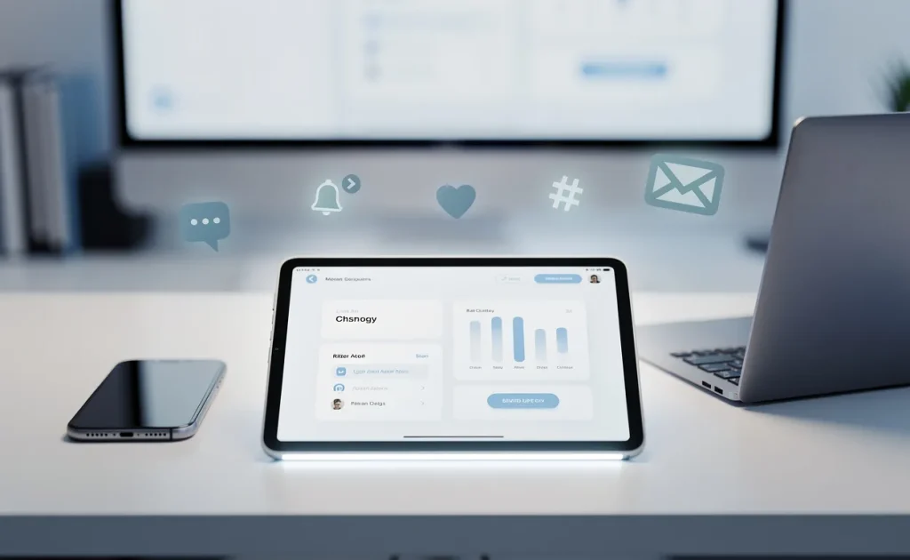 Une tablette moderne affichant une interface numérique élégante repose auprès de deux autres appareils et d’icônes discrètes de réseaux sociaux sur un espace de travail aux tons froids.