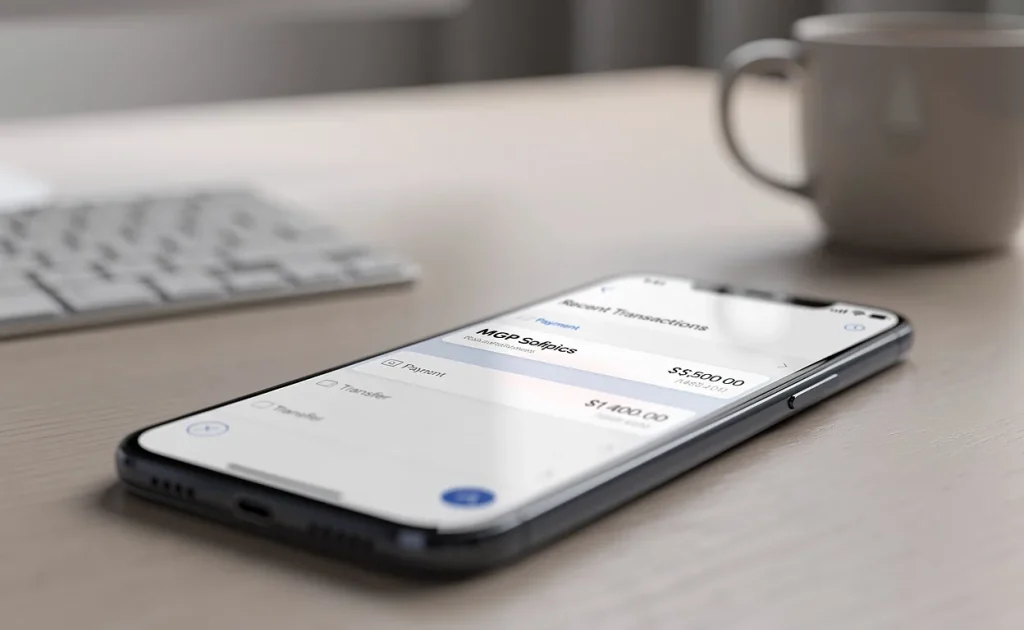 Un smartphone moderne affiche une application bancaire avec une transaction