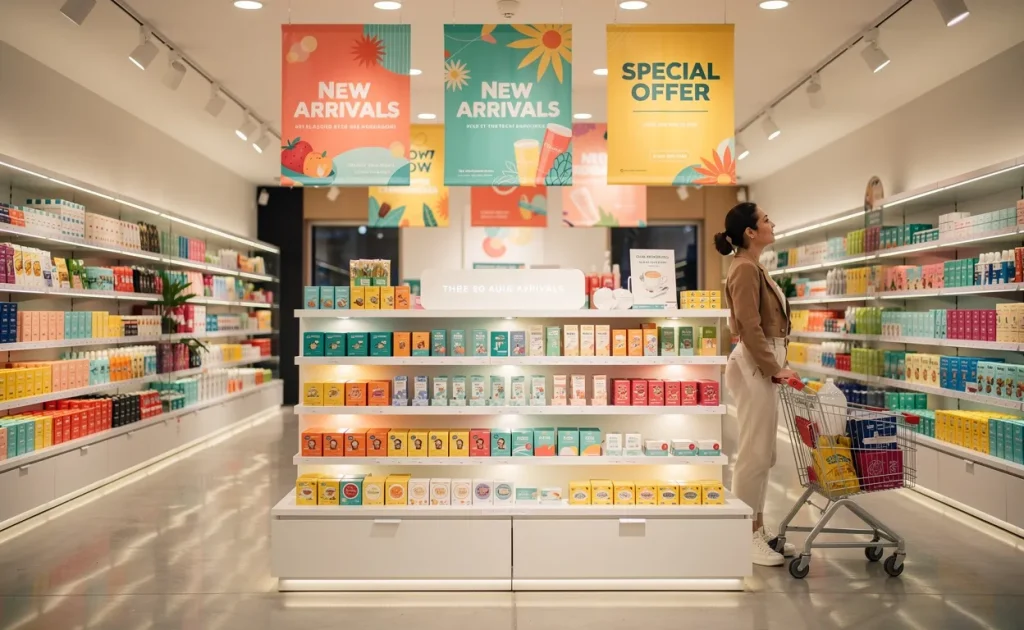 Une boutique élégante avec un présentoir de caisse ordonné, des bannières colorées et une cliente observant les produits sous une lumière chaleureuse.