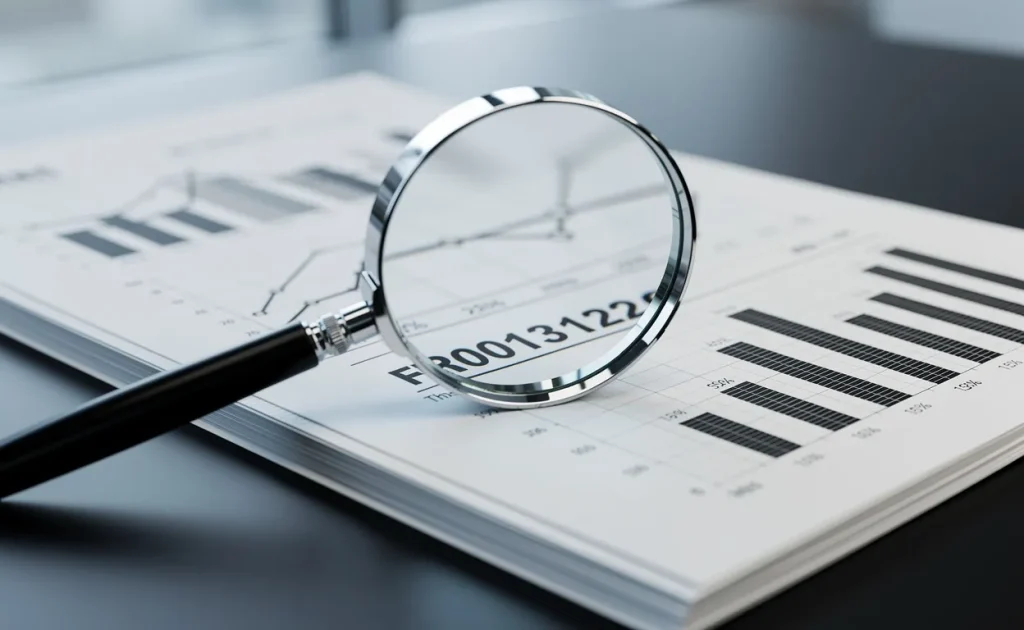 Des rapports financiers empilés sur un bureau, avec une loupe mettant en évidence des chiffres et graphiques associés au code FR0013412269.